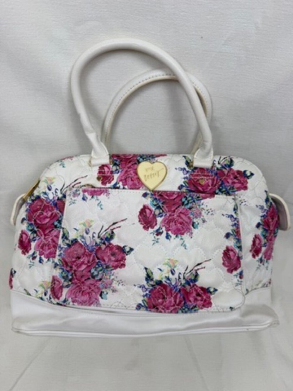 Betsey Johnson White Quilted Floral Satchel Crossbody Bag XOX Heart